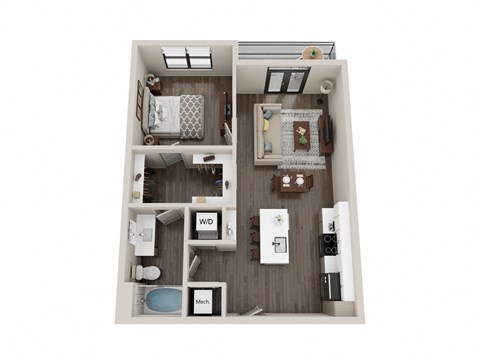 simulated floor plan of a 3d furnished apartment with bedroom and living room